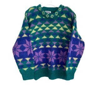 Vtg 80s Gallagher Mohair Wool Blend Sweater Geometric Hong Kong Size L